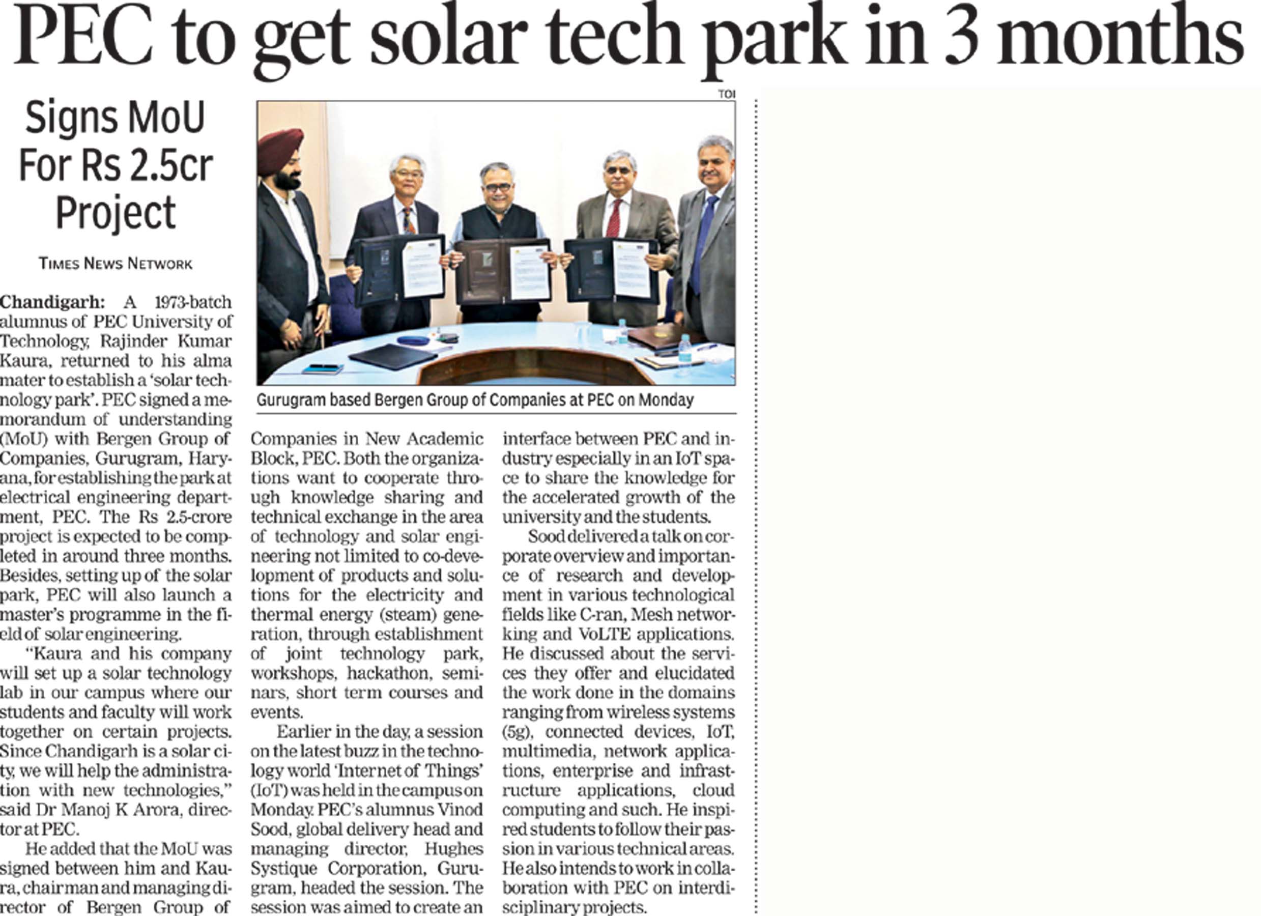 TOI news article- MOU signed between Bergen and PEC